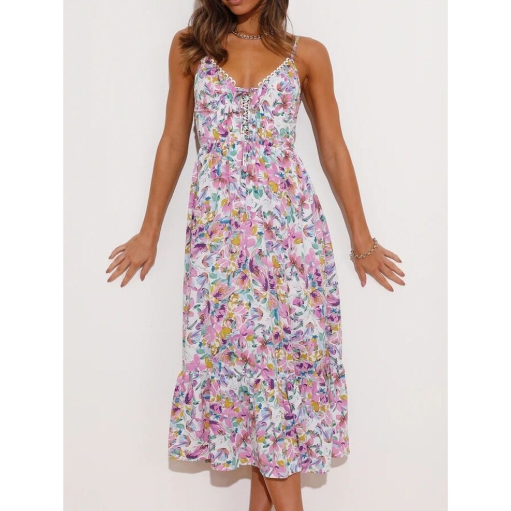 Hello Molly Floral Midi Sundress Pink Multicolor Lace Up Tie Tank - Size S